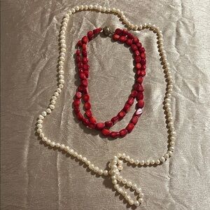 Elegant Red Natural Corals and White Natural Pearl Necklace Set